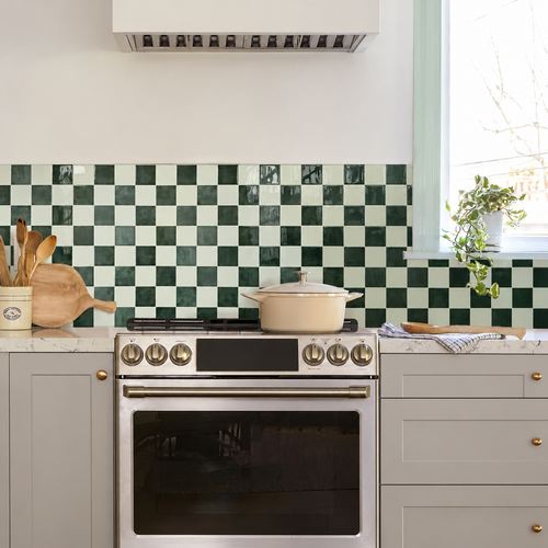 Scacco Forest — edited lifestyle image of the green and ivory checkerboard finish.