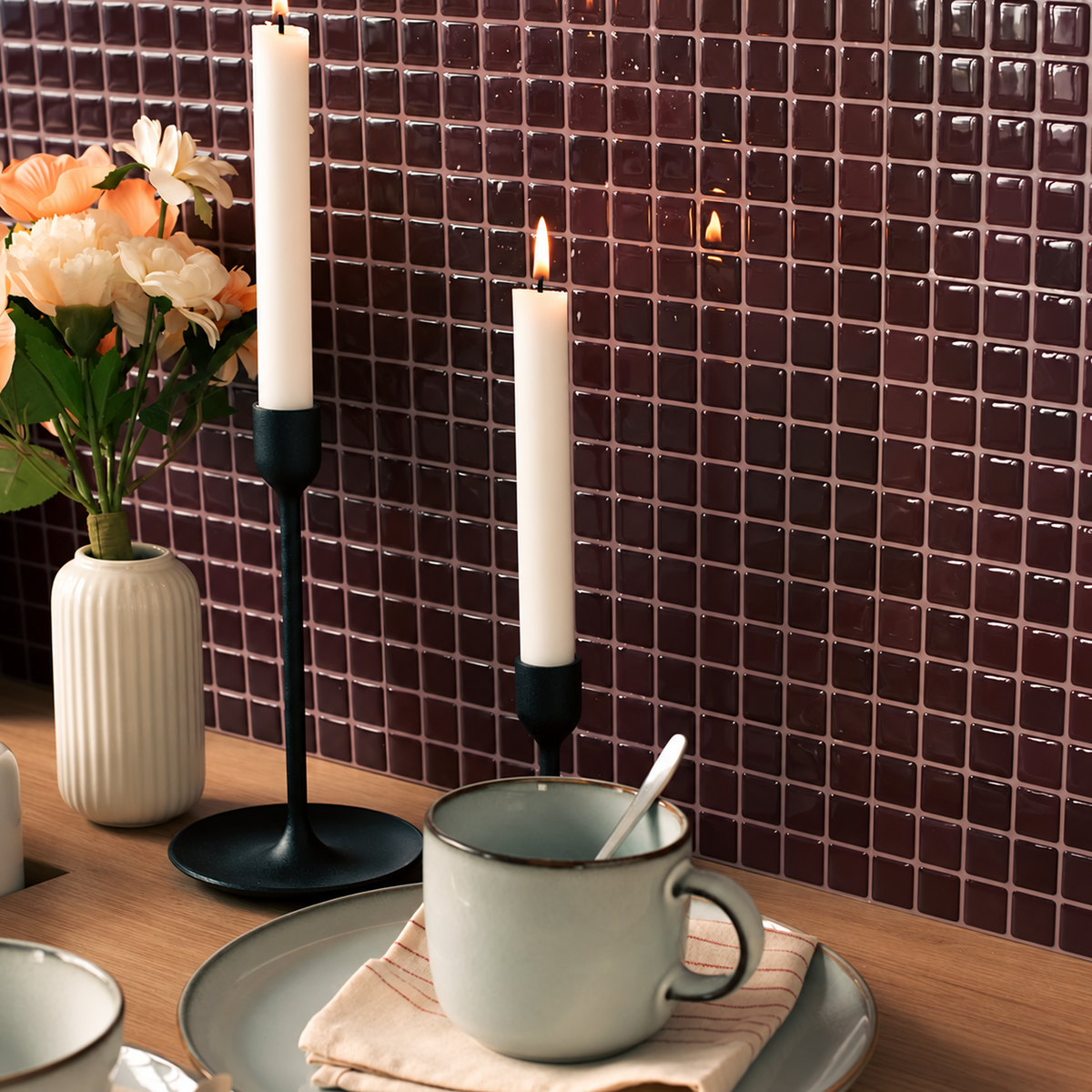 Tessera Burgundy — edited lifestyle image showing the mosaic-look finish.